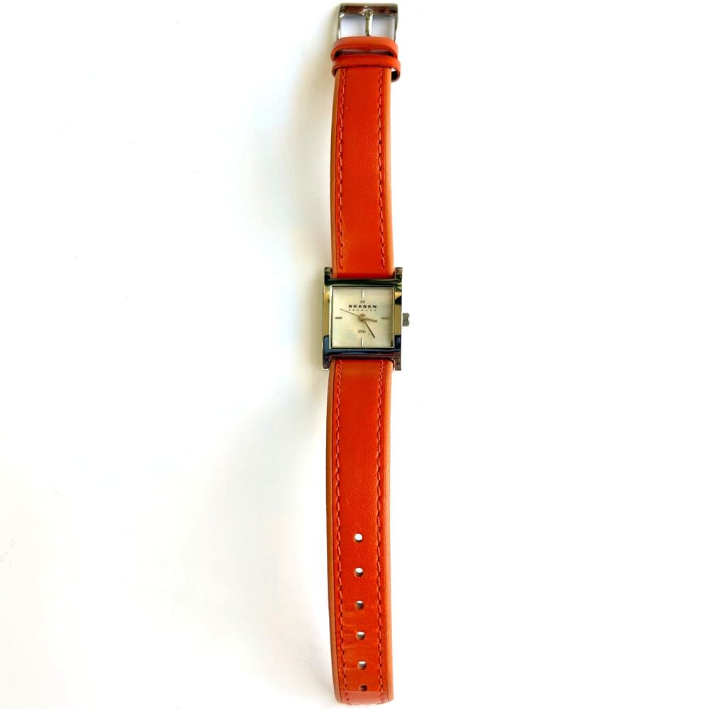 Skagen Denmark Square Watch Mother of Pearl Orange Leather Strap 2000s Vintage - Picture 7 of 14